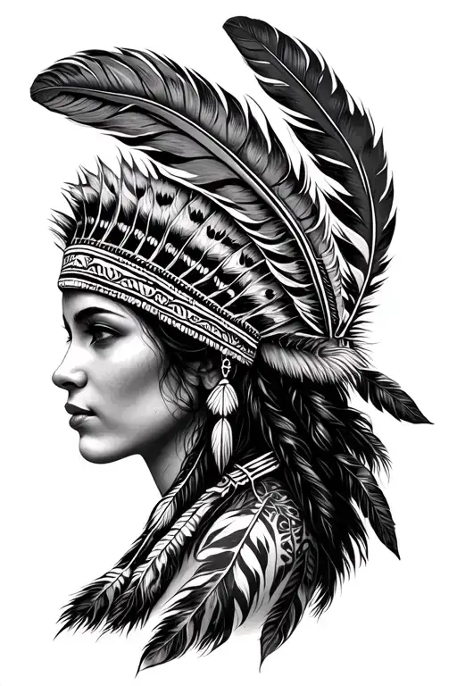 Realistic Side Profile Of Native Woman Wearing Feather Headdress Showing More Face