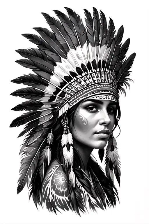 Realistic Native Woman Wearing Feather Headdress Showing Entire Headdress And Half Of Face