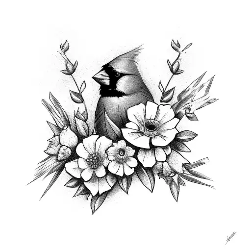 Cardinal In Sticks With Flowers