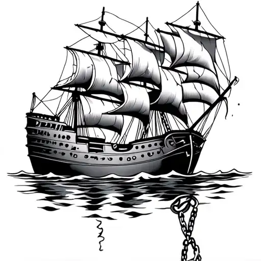Ship With Broken Sails And A Chin Anchored Down By Chain To Melanoma Ribbon
