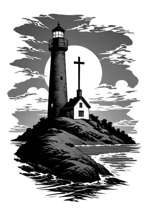 Lighthouse On A Hill With Cross Silhouette In The Light Of Lighthouse