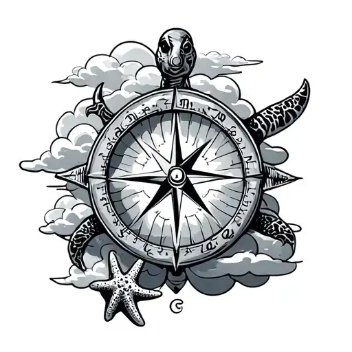 Compass With Clouds Surrounding Turtle And Starfish