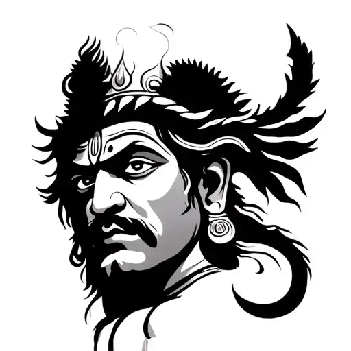 A Black And White Tattoo Sketch Of Lord Shiva With White Eyes And A Silhouette Of Hanuman Ji