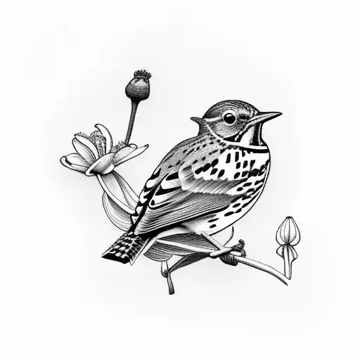 Song Thrush Bird With Purple Lilly In Mouth