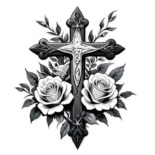 Catholic Cross With Roses Blooming