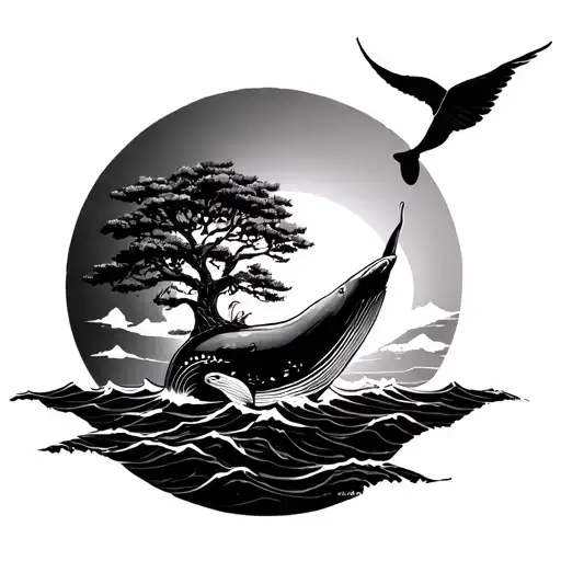 Sun Layer An Island And A Traveler's Tree A Tail Straw Flying Over The Island And There Is A Whale