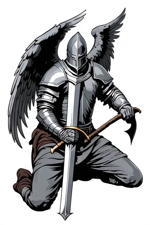 Knight With Wings Kneeling With Sword