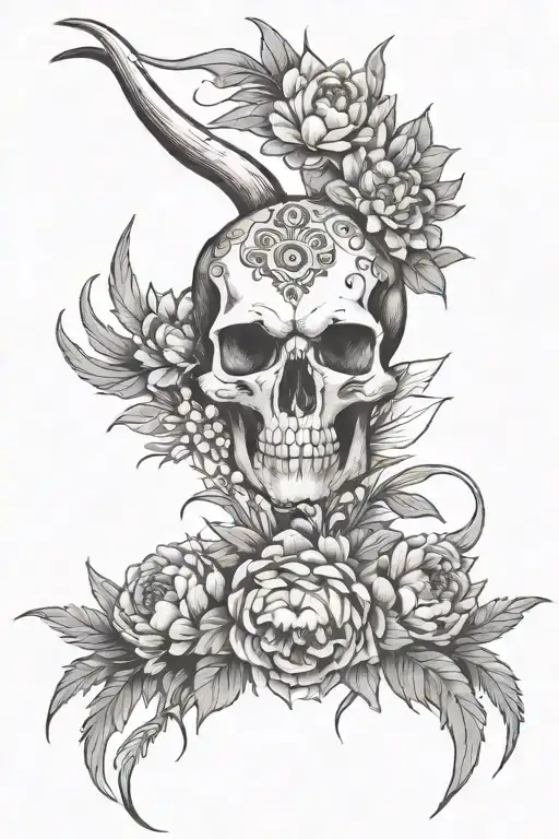 Long Horn Skull Surrounded By Peony Flowers And Thistles And Ornamental Grass With Aztec Print