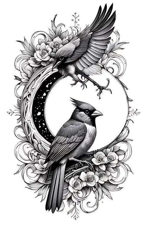 Cardinal And Moon Shining With Filligree Pattern