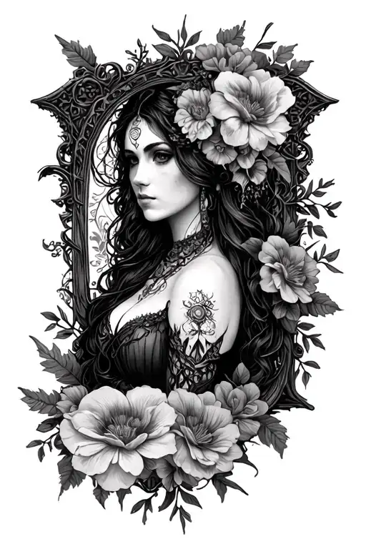Pagan Lady With Gothic Frame Boarder Realism Flowers