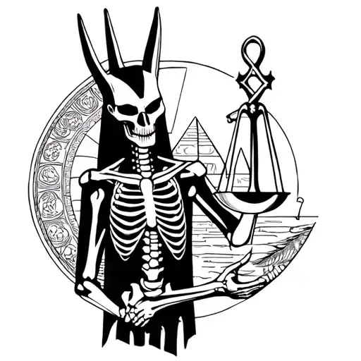 Anubis Skeleton Holding Scale With Sun And Moon And Ankh With Pyramids In Background