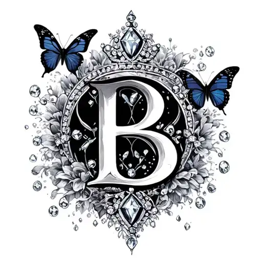 B With Diamonds Crown Butterflies Surrounding