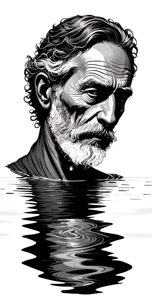 Old Man Looking A Reflection In Water