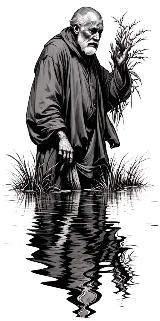 Old Man Looking A Ryounger Reflection In Water Swamp