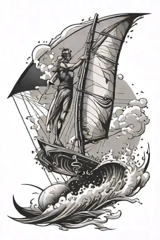 Incorporate Elements Of Water Sports Gear Like A Windsurf Into A Dynamic Blackwork Design