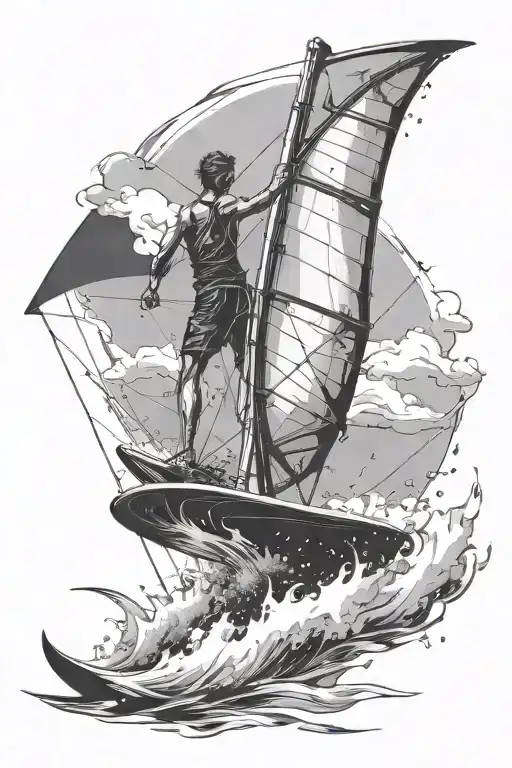 Incorporate Elements Of Water Sports Gear Like A Windsurf Into A Dynamic Blackwork Design