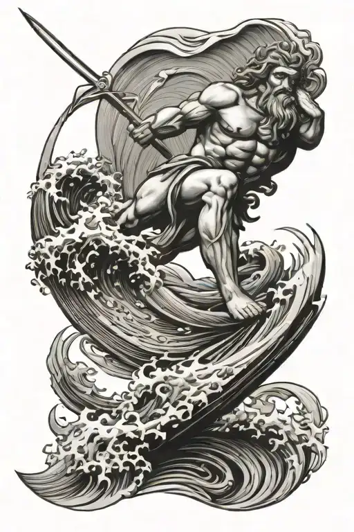 Poseidon In The Sea In The Background Windsurfer Riding A Wave