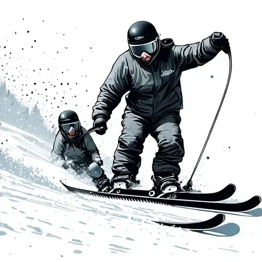 2 Skiers One Snow Board And One Broken