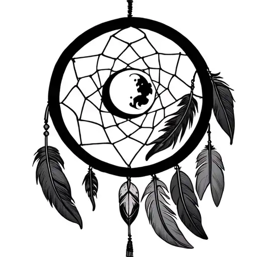 Dream Catcher With 4 Feathers And A Moon In The Middle