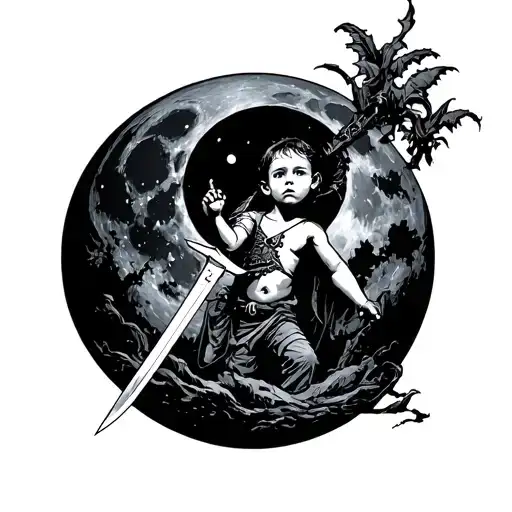 A Black Moon With A Child Armed With A Sword In Front