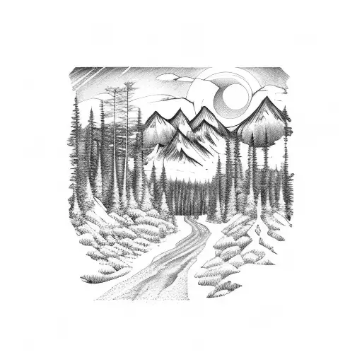 Mountain Scene Forest With Pathway And Night Sky