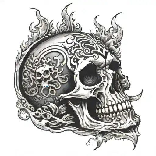 A Dark Art Piece Showcasing A Skull Surrounded By Flames And Money Symbols Tattoo