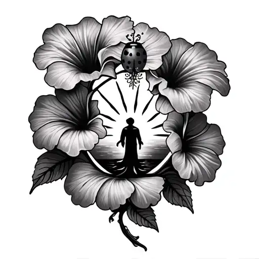 One Hibiscus Flowers With A Ladybug Inside With A Sun And A Family Tree