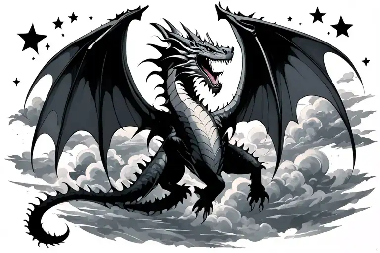 Dragon Flying In The Sky Filled With Stars And Clouds