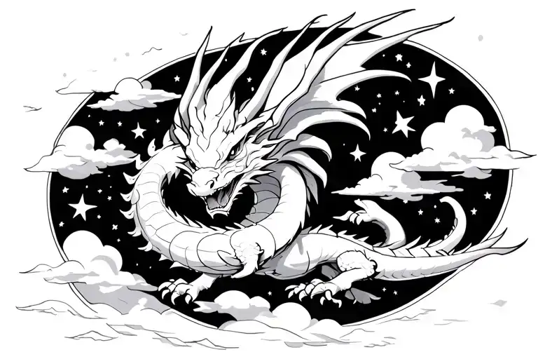 White Dragon Flying In The Sky Filled With Stars And Clouds