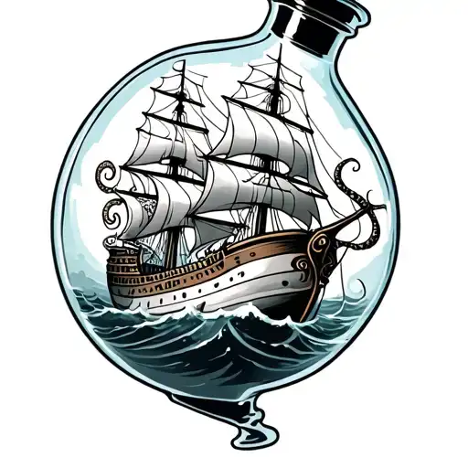 Ship In A Bottle With Octopus Wrapped