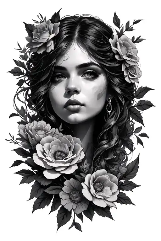 Female And Flowers Surrounding