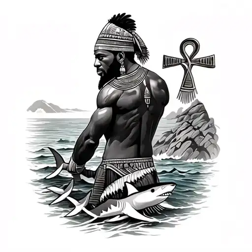 African Tattoo Of Sotho Man Overlooking Ocean With Sharks And Egyptian Ankh