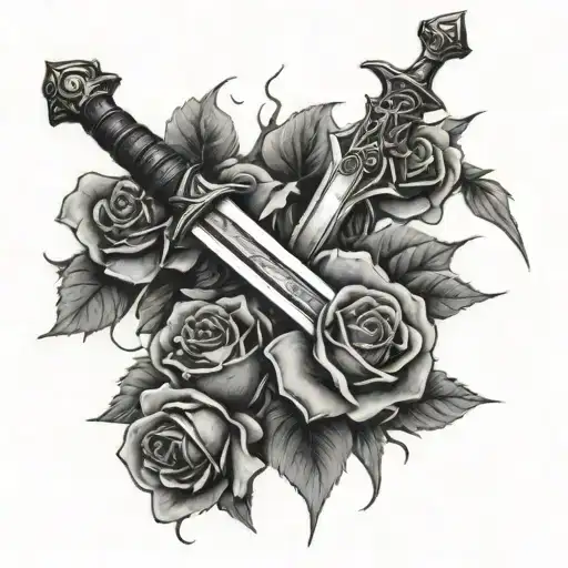 A Sword In The Ground Removed By The Thorns Of Bloody Roses By Human Hand