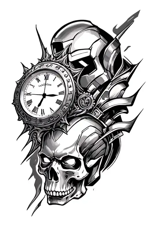 Iron Man Thor Hulk Skull Clock Sleeve Tattoo Design