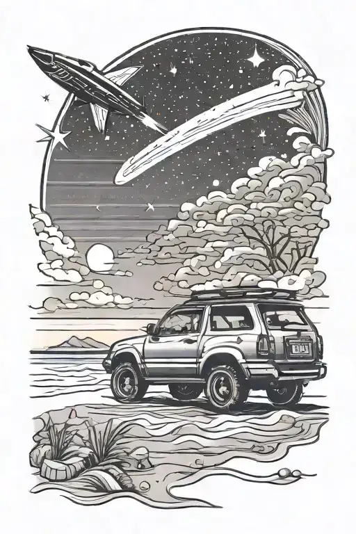 A Suv On The Beach Sunset With A Shooting Star In The Sky