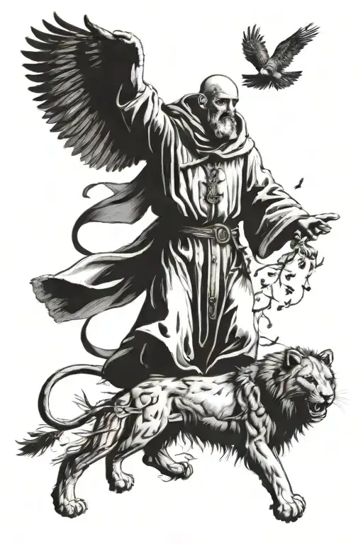 St Francis Of Assisi With A Lion At His Feet And Birds Flying Up