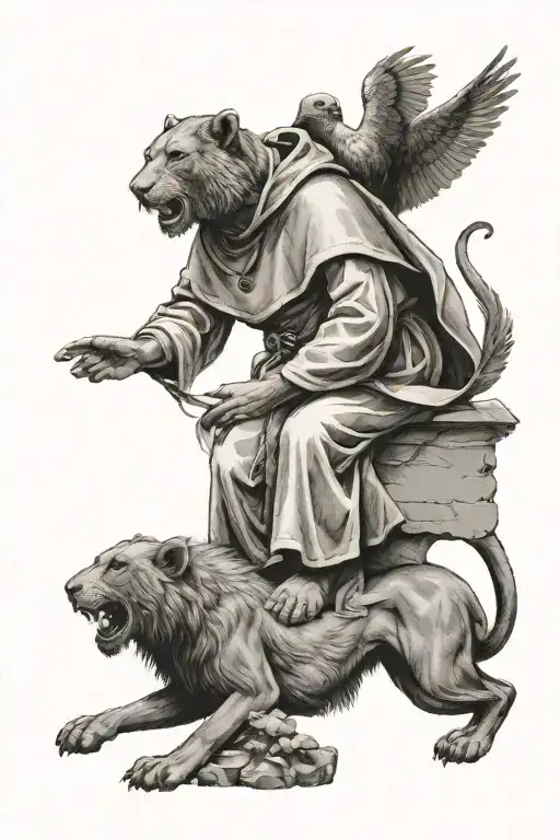 St Francis Of Assisi Sitting Peting A Lion At His Feet And Birds Flying Up
