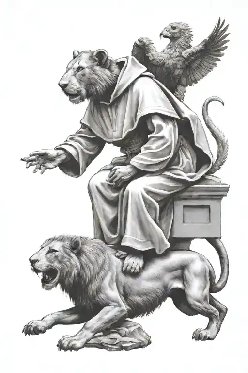 St Francis Of Assisi Sitting Peting A Lion At His Feet And Birds Flying Up