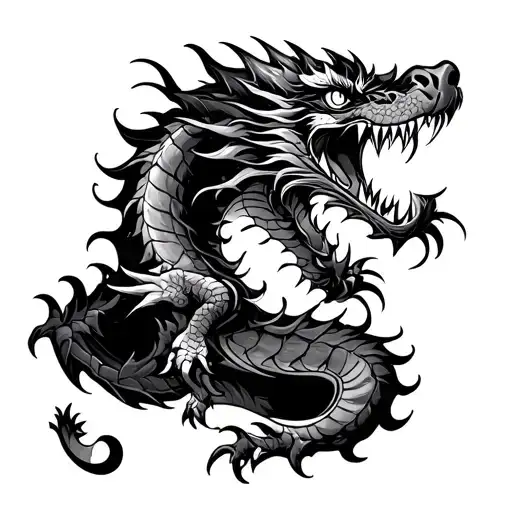 Japanese Angry Dragon On Forearm Black And White