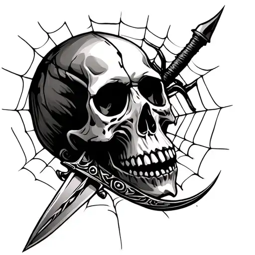 Skull With Single Dagger And Spider Web Realism