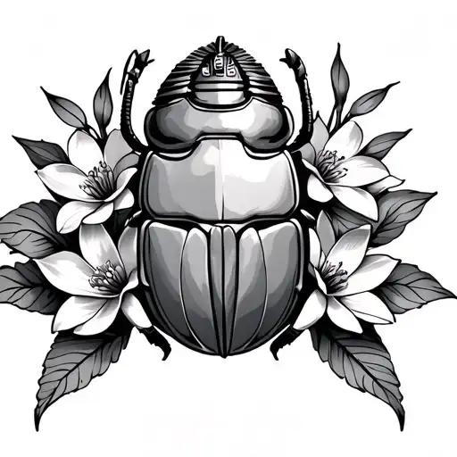 Egyptian Scarab With Lotus Flowers And Papyrus And Flowers Of Life