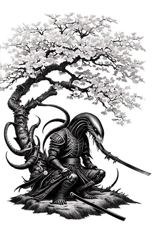 Xenomorph And Samurai Under A Cherry Tree