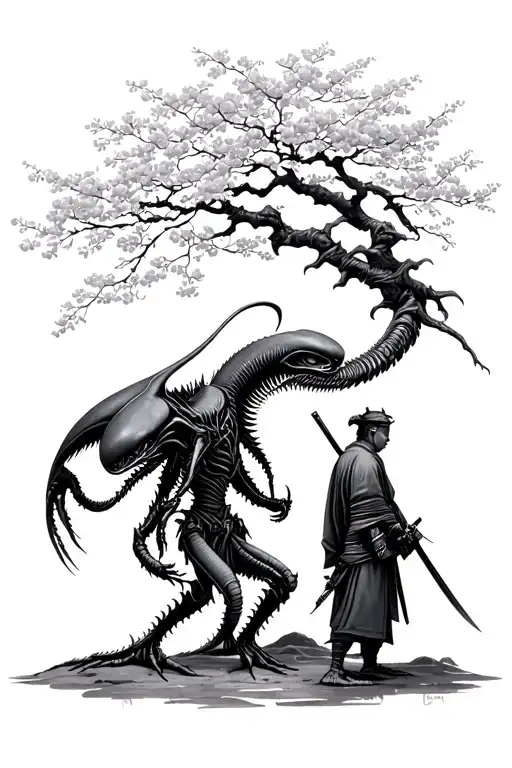 A Xenomorph And A Samurai Under A Cherry Tree