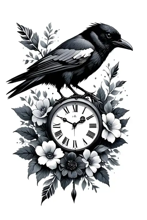 Clock Flowers Crow Arrow