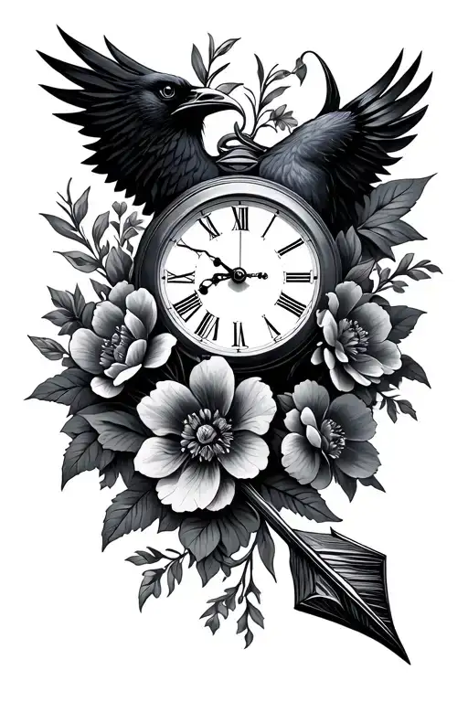 Clock Flowers Raven Arrow