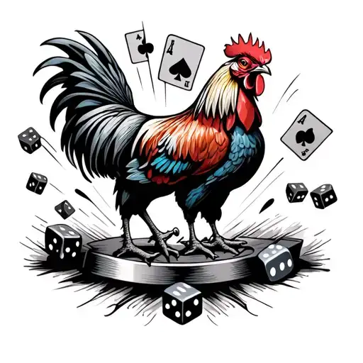Fighting Roosters With Dice And Playing Cards Surrounding