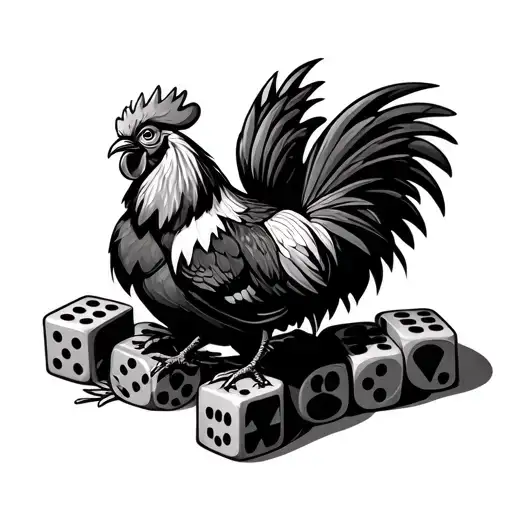 Fighting Rooster Standing On Top Of Dice Symbolizing The Gamble