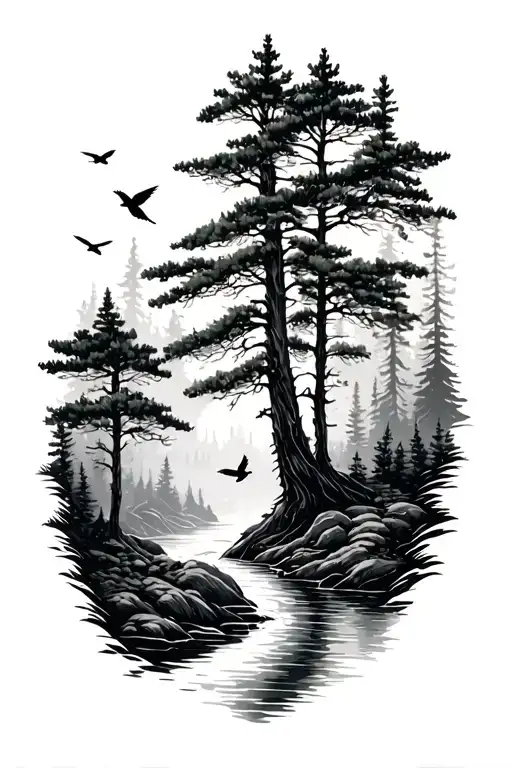 Pine Forest With Birds And Water Stream