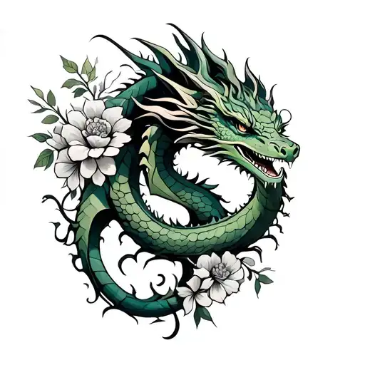 Green Earth Dragon With Flowers Growing Out Of It With Vines And Other Flowers Around It On Forearm