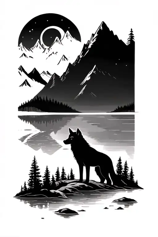 Mountains And Trees And A Lake With A Wolf And Moon